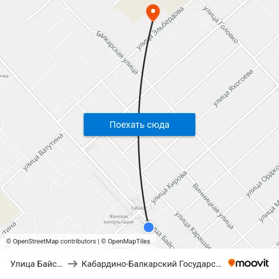 Улица Байсултанова to Кабардино-Балкарский Государственный Университет map
