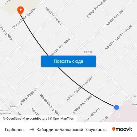 Горбольница №1 to Кабардино-Балкарский Государственный Университет map