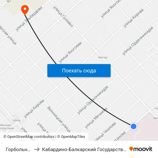 Горбольница №1 to Кабардино-Балкарский Государственный Университет map
