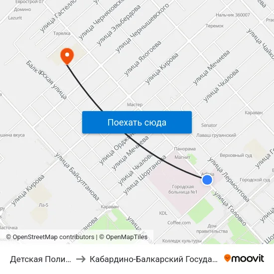 Детская Поликлиника №1 to Кабардино-Балкарский Государственный Университет map