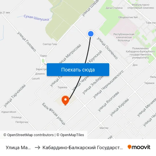 Улица Матросова to Кабардино-Балкарский Государственный Университет map
