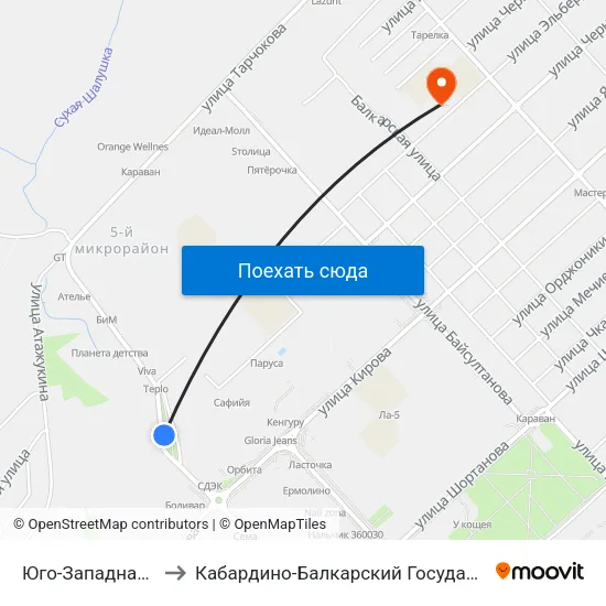 Юго-Западная Котельная to Кабардино-Балкарский Государственный Университет map