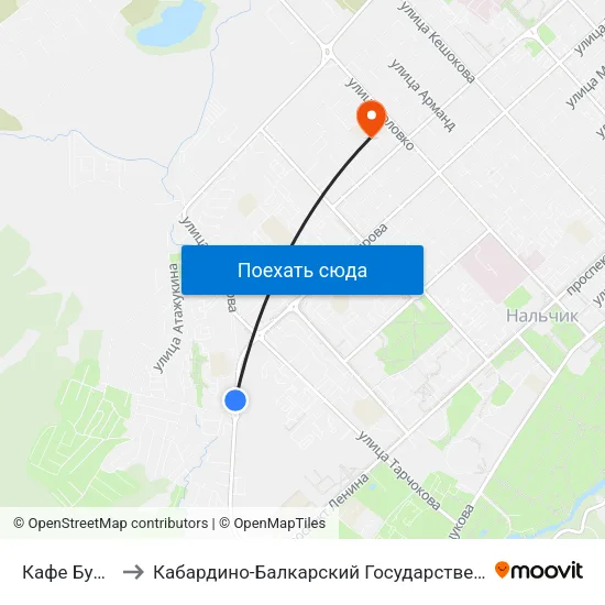 Кафе Бумеранг to Кабардино-Балкарский Государственный Университет map