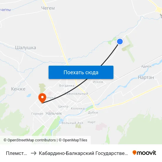 Племстанция to Кабардино-Балкарский Государственный Университет map