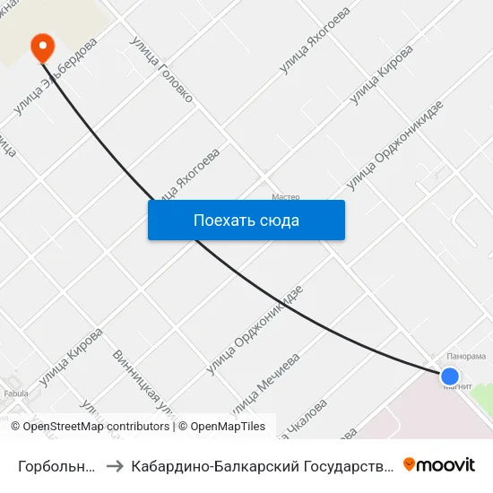 Горбольница №1 to Кабардино-Балкарский Государственный Университет map