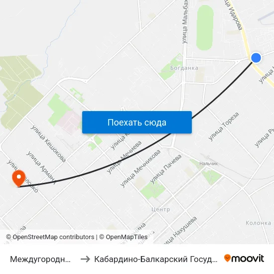 Междугородный Автовокзал to Кабардино-Балкарский Государственный Университет map