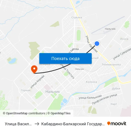 Улица Василия Чапаева to Кабардино-Балкарский Государственный Университет map