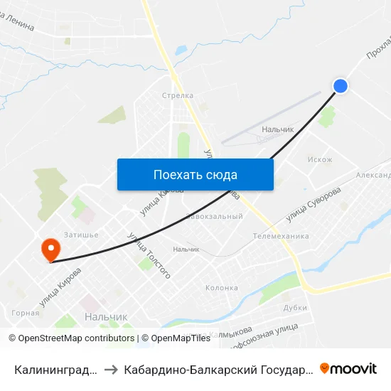 Калининградская Улица to Кабардино-Балкарский Государственный Университет map