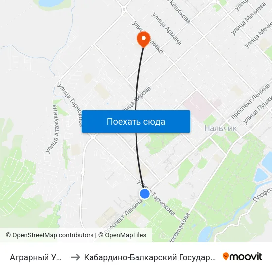 Аграрный Университет to Кабардино-Балкарский Государственный Университет map