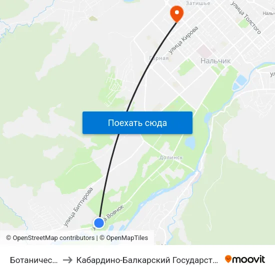 Ботанический Сад to Кабардино-Балкарский Государственный Университет map