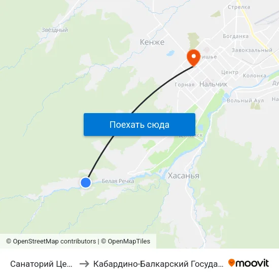 Санаторий Целебные Воды to Кабардино-Балкарский Государственный Университет map