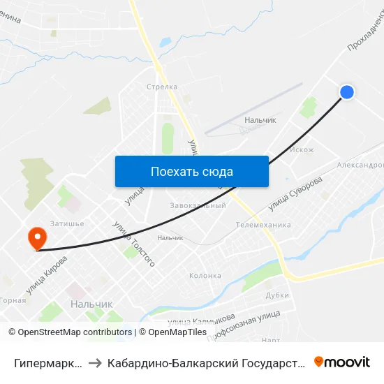 Гипермаркет Маяк to Кабардино-Балкарский Государственный Университет map