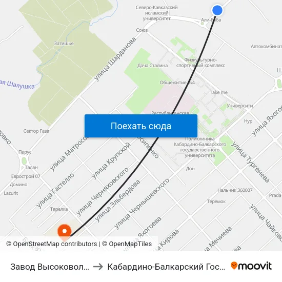 Завод Высоковольтной Аппаратуры to Кабардино-Балкарский Государственный Университет map