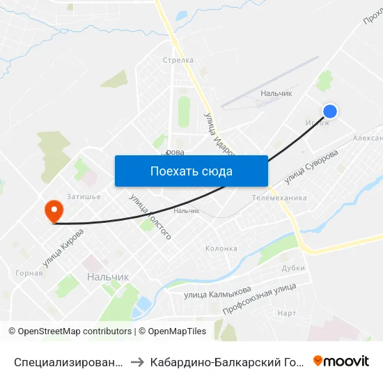 Специализированная Пожарная Часть to Кабардино-Балкарский Государственный Университет map