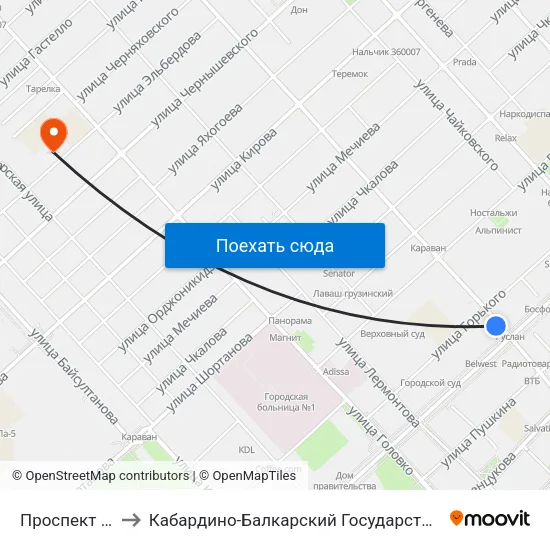 Проспект Ленина to Кабардино-Балкарский Государственный Университет map
