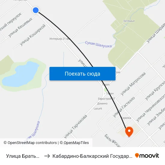 Улица Братьев Кешевых to Кабардино-Балкарский Государственный Университет map
