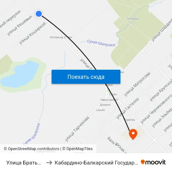 Улица Братьев Кешевых to Кабардино-Балкарский Государственный Университет map