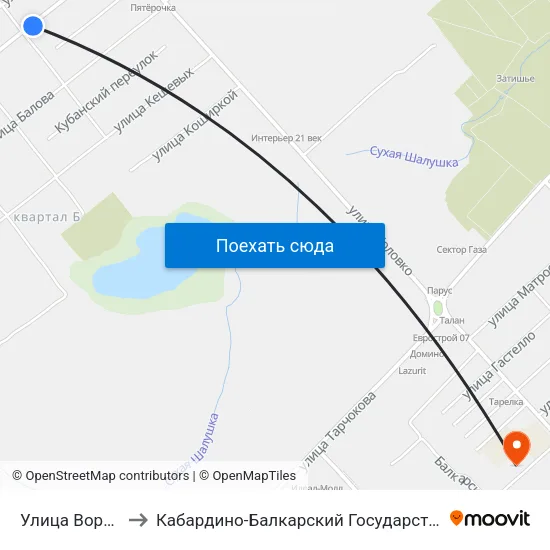 Улица Ворошилова to Кабардино-Балкарский Государственный Университет map