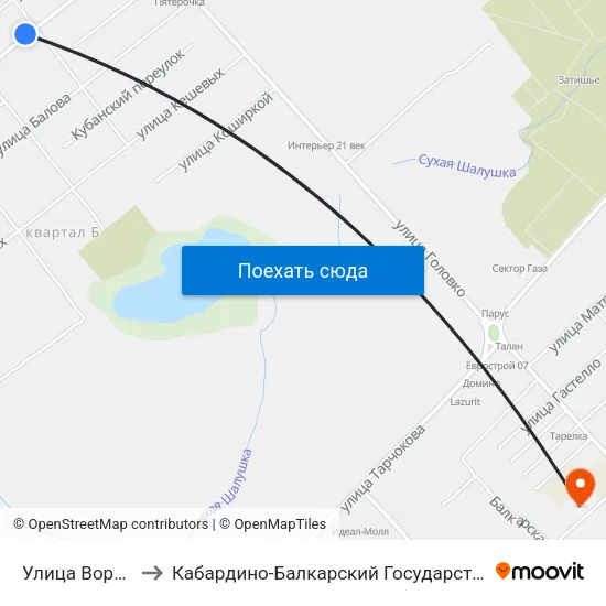 Улица Ворошилова to Кабардино-Балкарский Государственный Университет map
