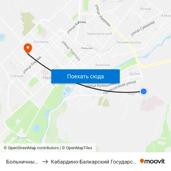Больничный Городок to Кабардино-Балкарский Государственный Университет map