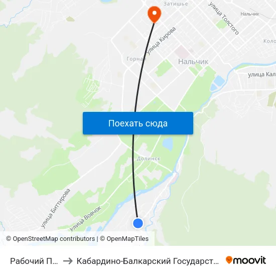 Рабочий Переулок to Кабардино-Балкарский Государственный Университет map