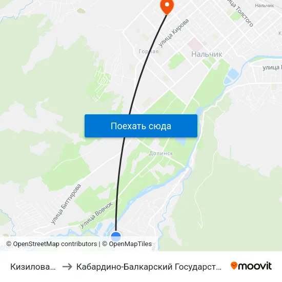 Кизиловая Улица to Кабардино-Балкарский Государственный Университет map