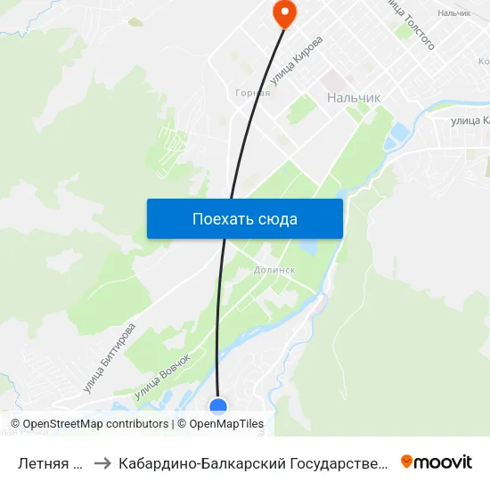 Летняя Улица to Кабардино-Балкарский Государственный Университет map