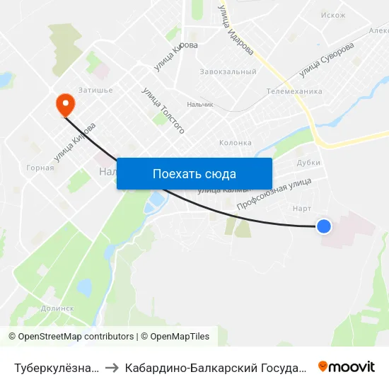Туберкулёзная Больница to Кабардино-Балкарский Государственный Университет map