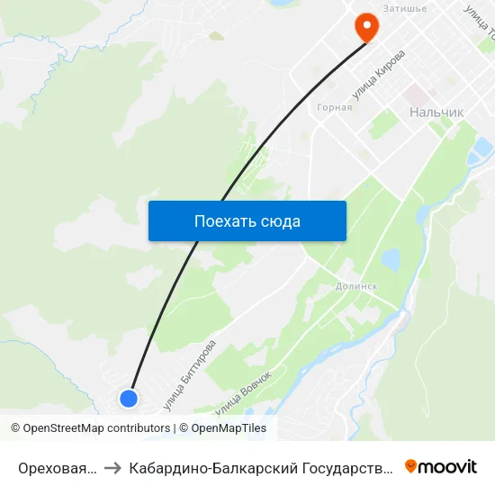 Ореховая Улица to Кабардино-Балкарский Государственный Университет map
