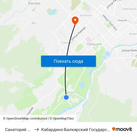 Санаторий Звёздочка to Кабардино-Балкарский Государственный Университет map