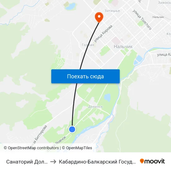 Санаторий Долина Нарзанов to Кабардино-Балкарский Государственный Университет map