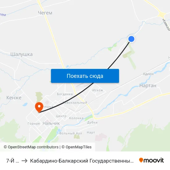 7-Й Км to Кабардино-Балкарский Государственный Университет map