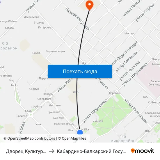 Дворец Культуры Профсоюзов to Кабардино-Балкарский Государственный Университет map