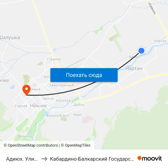 Адиюх. Улица Батраз to Кабардино-Балкарский Государственный Университет map