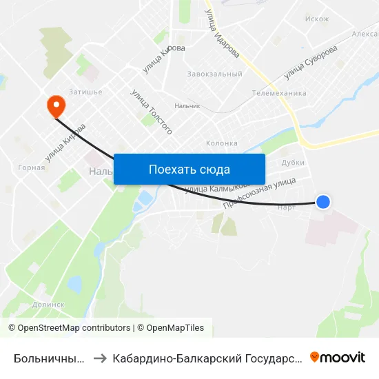 Больничный Городок to Кабардино-Балкарский Государственный Университет map