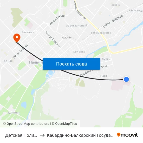 Детская Поликлиника №2 to Кабардино-Балкарский Государственный Университет map