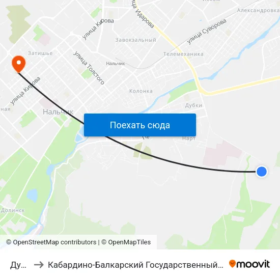 Дубки to Кабардино-Балкарский Государственный Университет map
