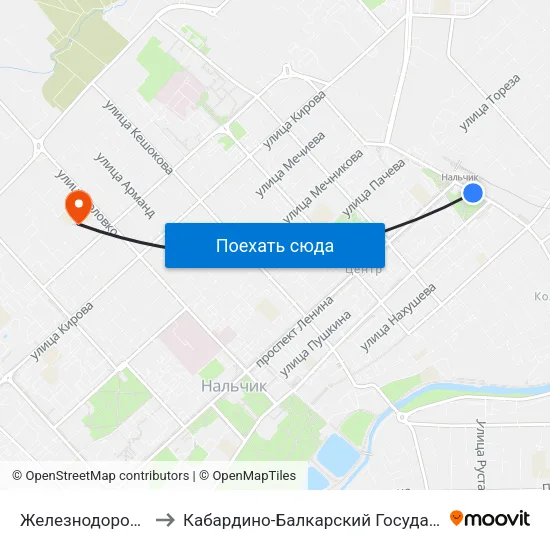 Железнодорожный Вокзал to Кабардино-Балкарский Государственный Университет map