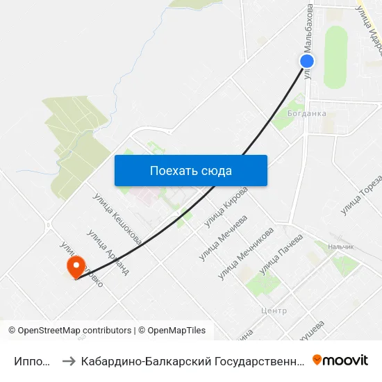 Ипподром to Кабардино-Балкарский Государственный Университет map
