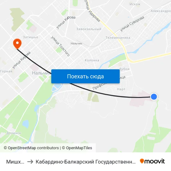 Мишхидж to Кабардино-Балкарский Государственный Университет map