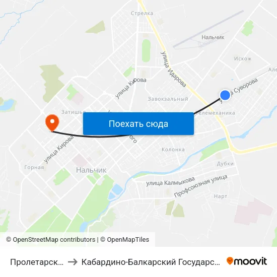 Пролетарская Улица to Кабардино-Балкарский Государственный Университет map
