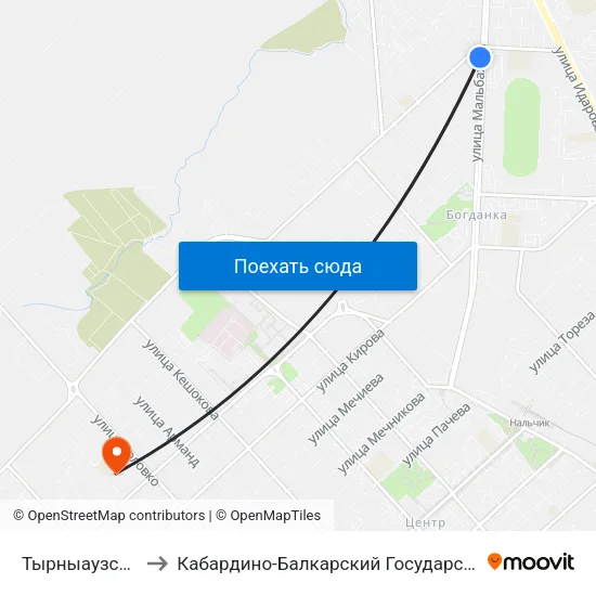 Тырныаузская Улица to Кабардино-Балкарский Государственный Университет map