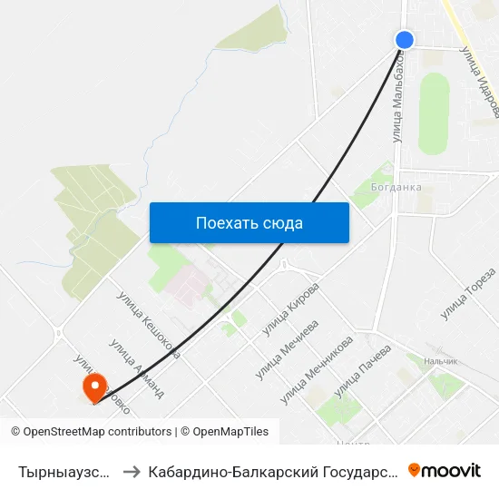 Тырныаузская Улица to Кабардино-Балкарский Государственный Университет map