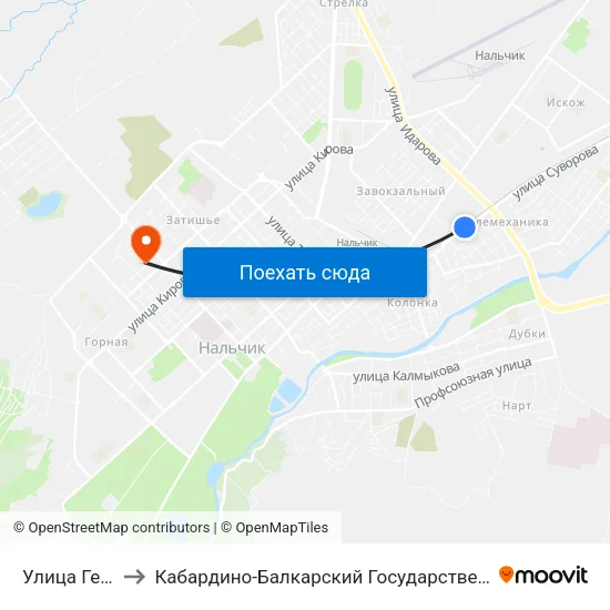 Улица Геттуева to Кабардино-Балкарский Государственный Университет map