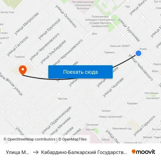 Улица Мечиева to Кабардино-Балкарский Государственный Университет map