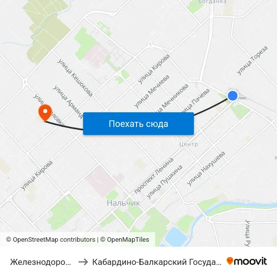 Железнодорожный Вокзал to Кабардино-Балкарский Государственный Университет map