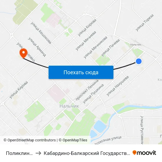 Поликлиника №3 to Кабардино-Балкарский Государственный Университет map