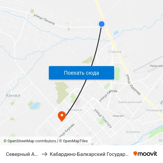 Северный Автовокзал to Кабардино-Балкарский Государственный Университет map