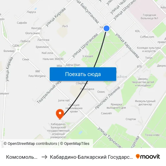 Комсомольская Площадь to Кабардино-Балкарский Государственный Аграрный Университет map