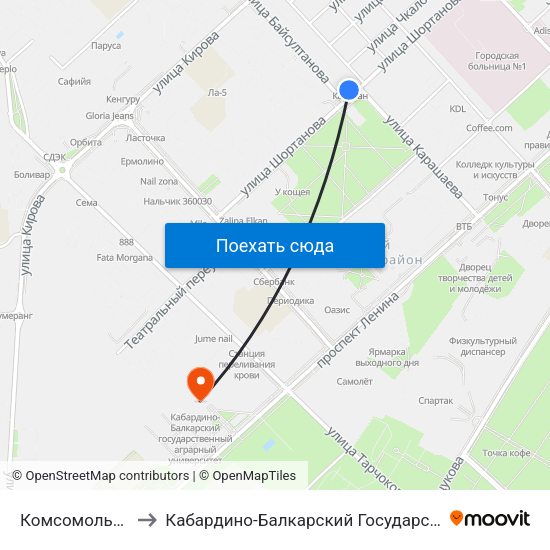 Комсомольская Площадь to Кабардино-Балкарский Государственный Аграрный Университет map